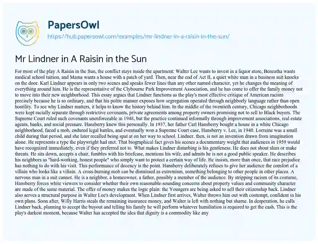 Essay on Mr Lindner in A Raisin in the Sun