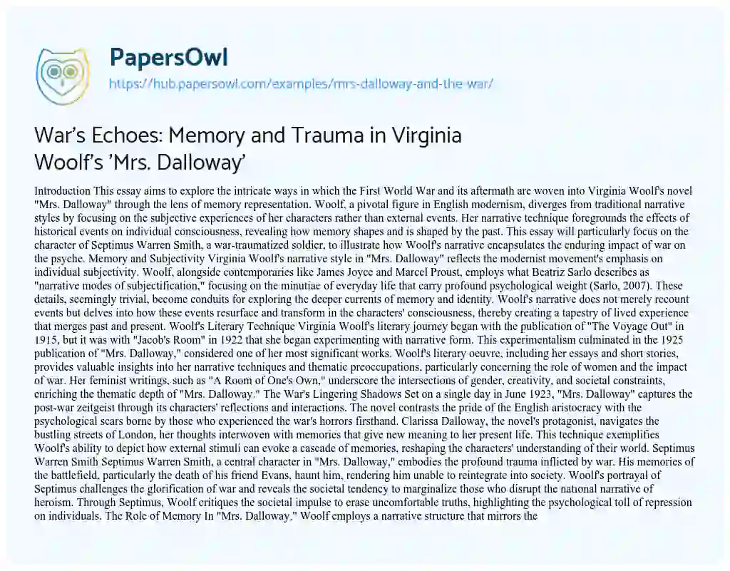 Essay on War’s Echoes: Memory and Trauma in Virginia Woolf’s ‘Mrs. Dalloway’
