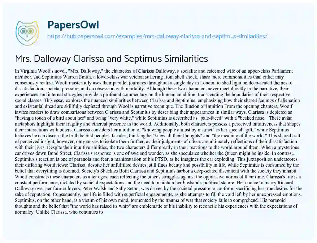 Essay on Mrs. Dalloway Clarissa and Septimus Similarities