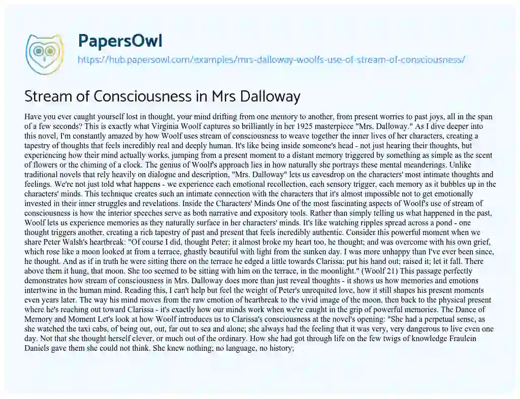 Essay on Stream of Consciousness in Mrs Dalloway