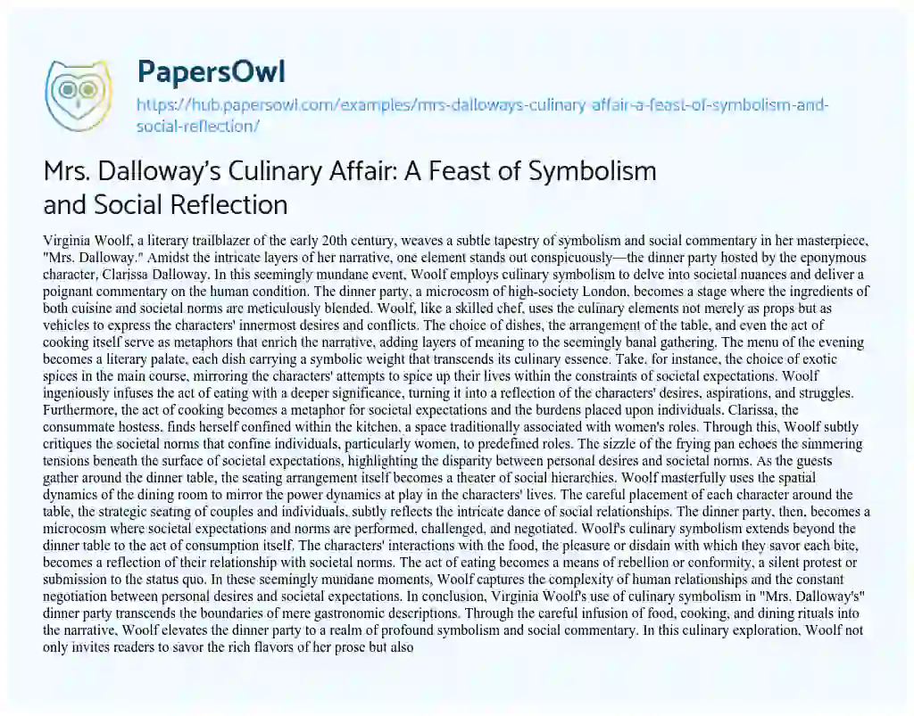Essay on Mrs. Dalloway’s Culinary Affair: A Feast of Symbolism and Social Reflection