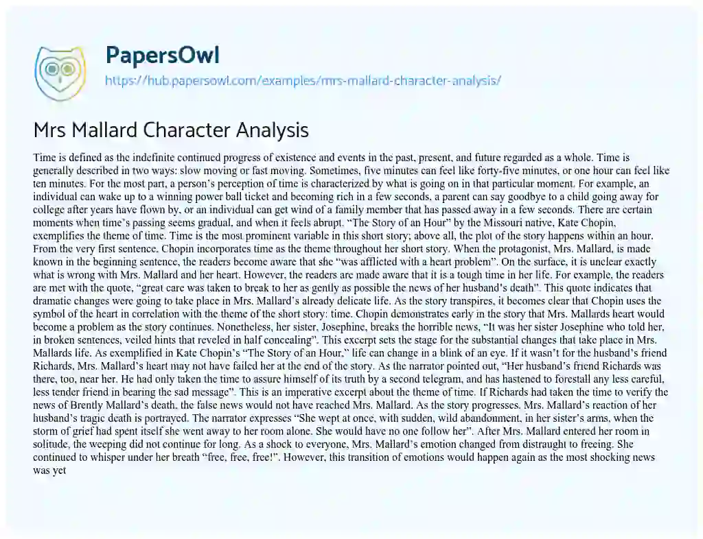 Essay on Mrs Mallard Character Analysis