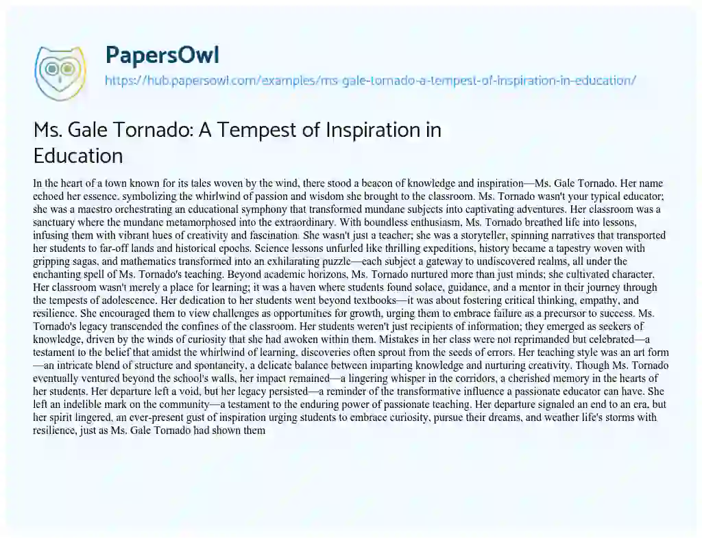 Essay on Ms. Gale Tornado: A Tempest of Inspiration in Education