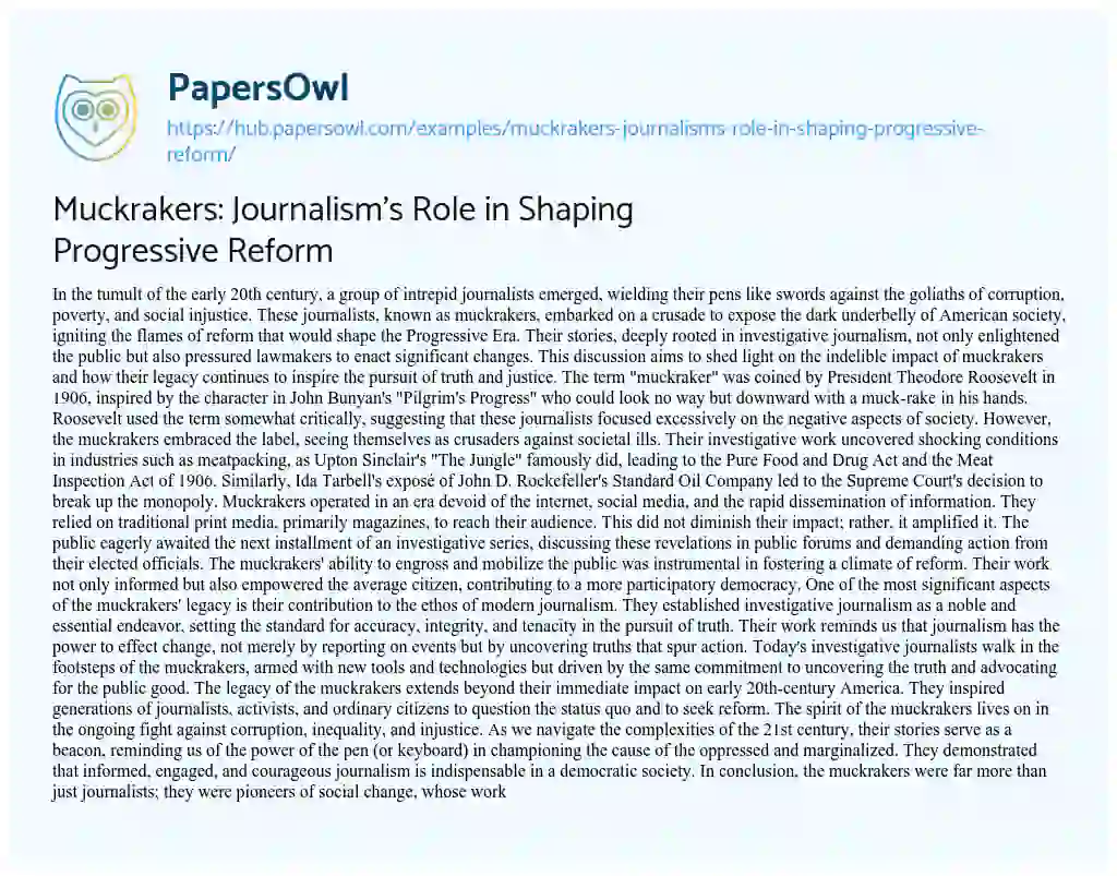 Essay on Muckrakers: Journalism’s Role in Shaping Progressive Reform