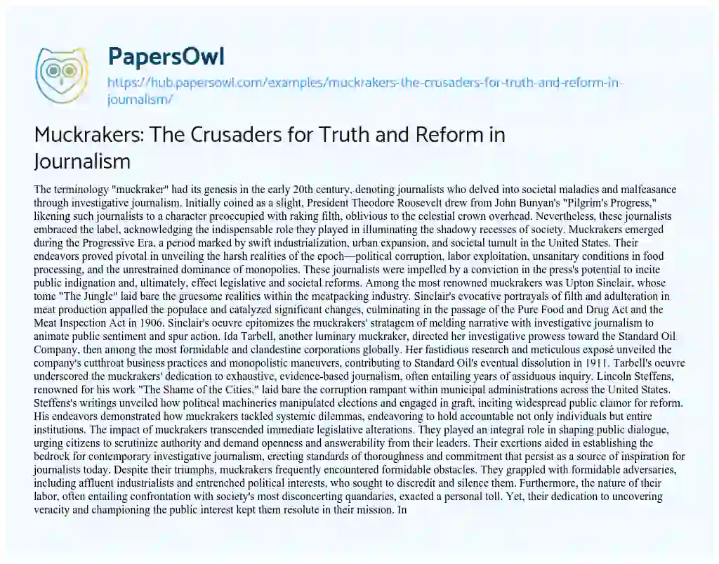 Essay on Muckrakers: The Crusaders for Truth and Reform in Journalism