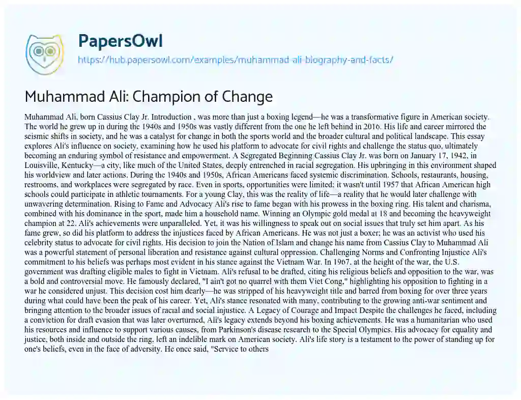 Essay on Muhammad Ali: Champion of Change