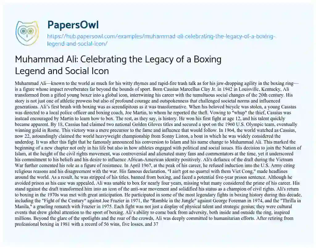 Essay on Muhammad Ali: Celebrating the Legacy of a Boxing Legend and Social Icon