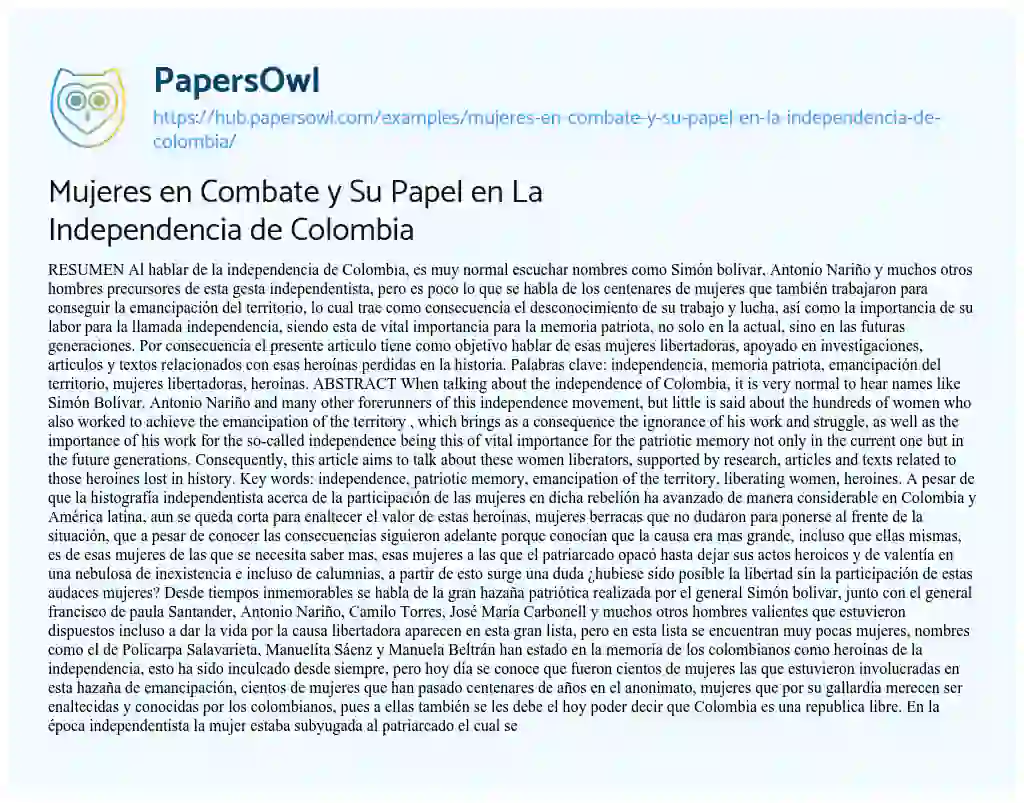 Essay on Mujeres en Combate y Su Papel en La Independencia de Colombia