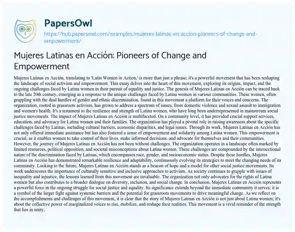 Essay on Mujeres Latinas en Acción: Pioneers of Change and Empowerment