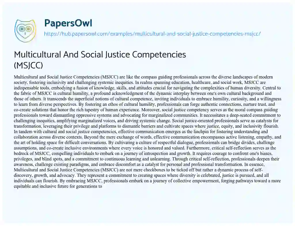 Essay on Multicultural And Social Justice Competencies (MSJCC)