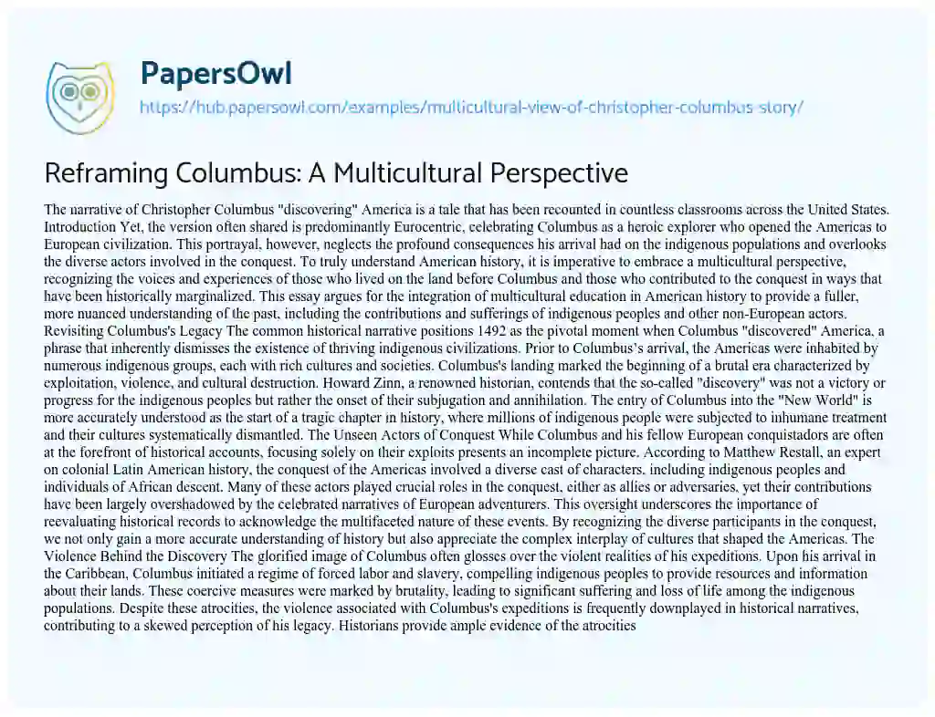 Essay on Reframing Columbus: A Multicultural Perspective