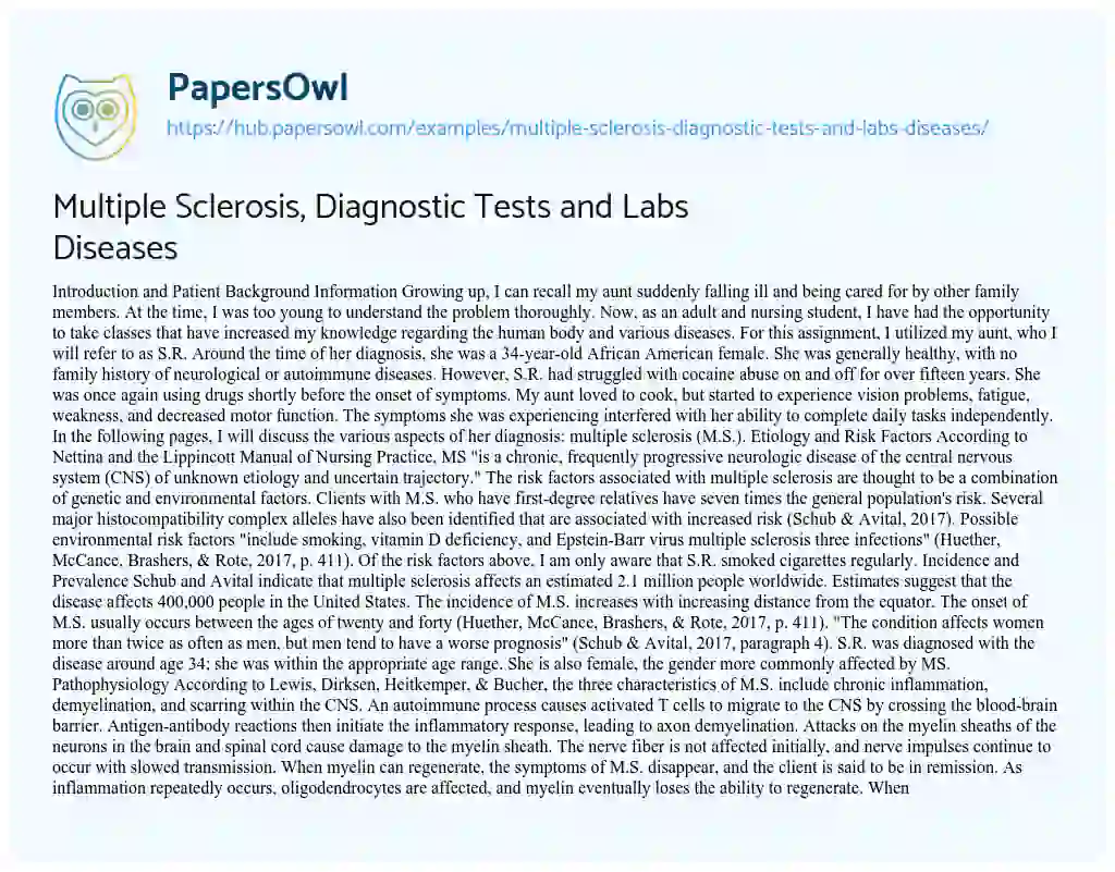 Essay on Multiple Sclerosis, Diagnostic Tests and Labs Diseases