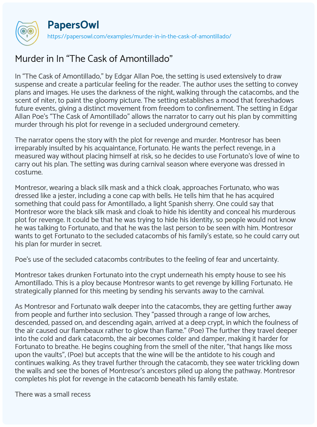 Essay on Murder in In “The Cask of Amontillado”