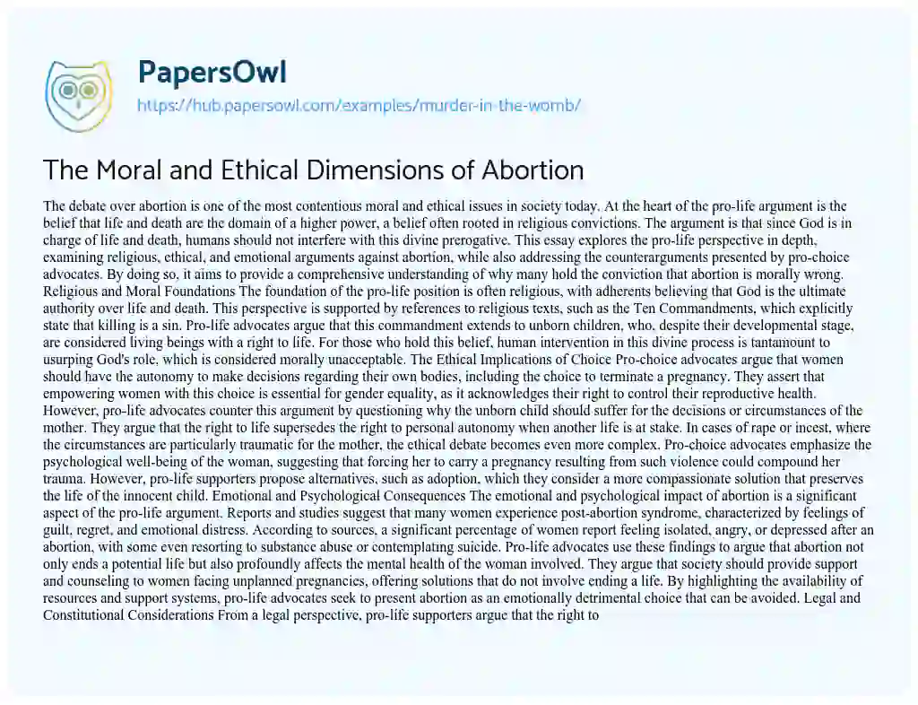 Essay on The Moral and Ethical Dimensions of Abortion