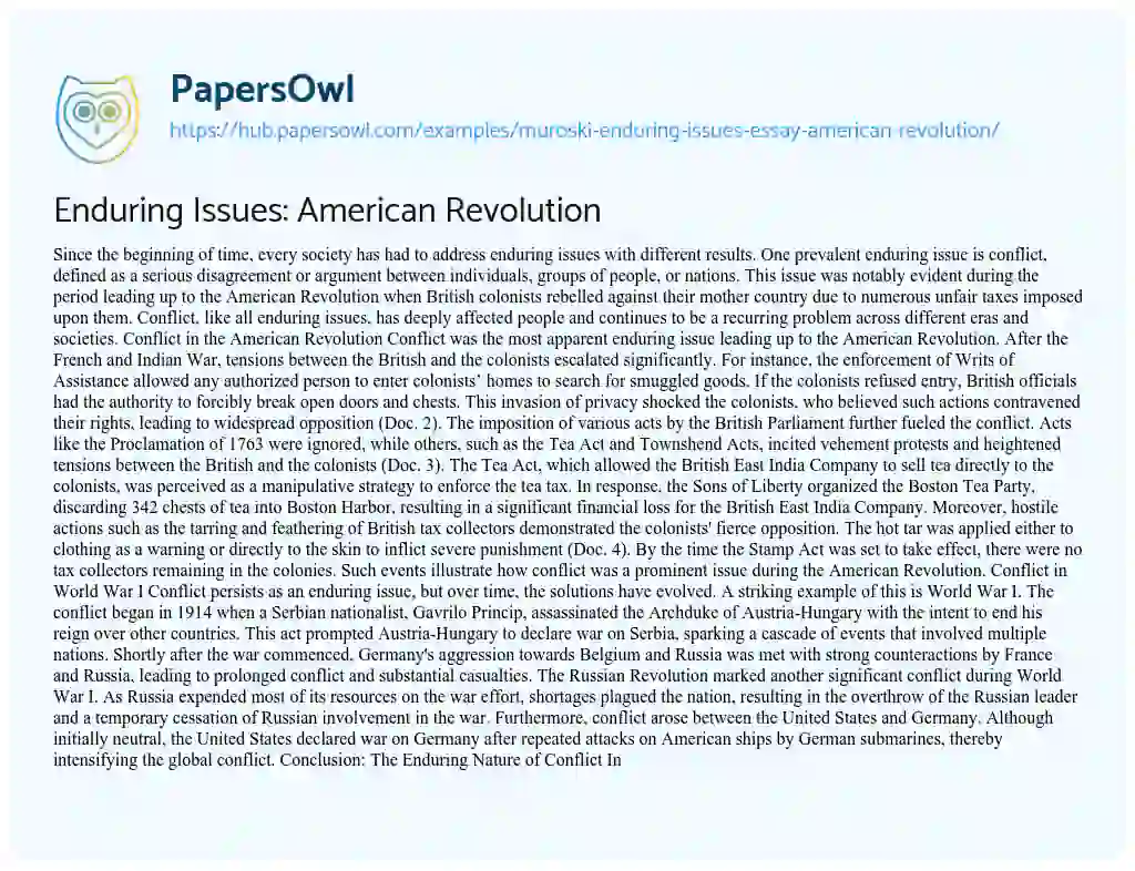 Essay on Enduring Issues: American Revolution