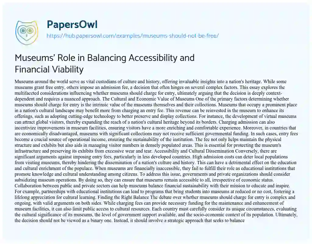 Essay on Museums’ Role in Balancing Accessibility and Financial Viability