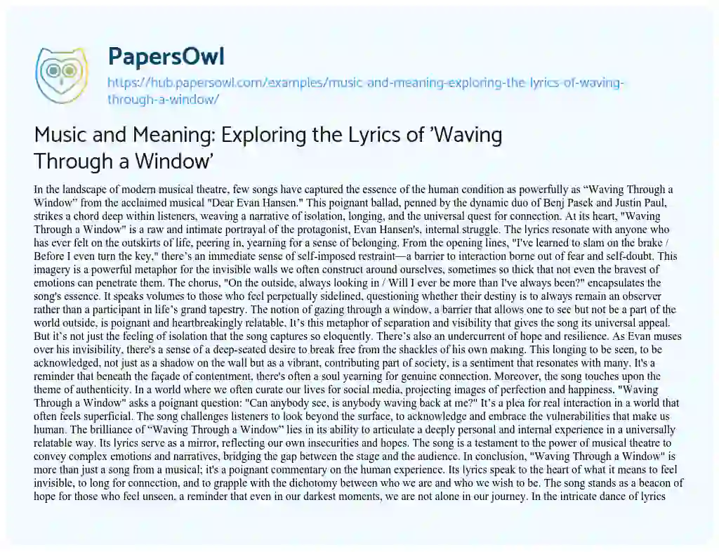 Essay on Music and Meaning: Exploring the Lyrics of ‘Waving Through a Window’
