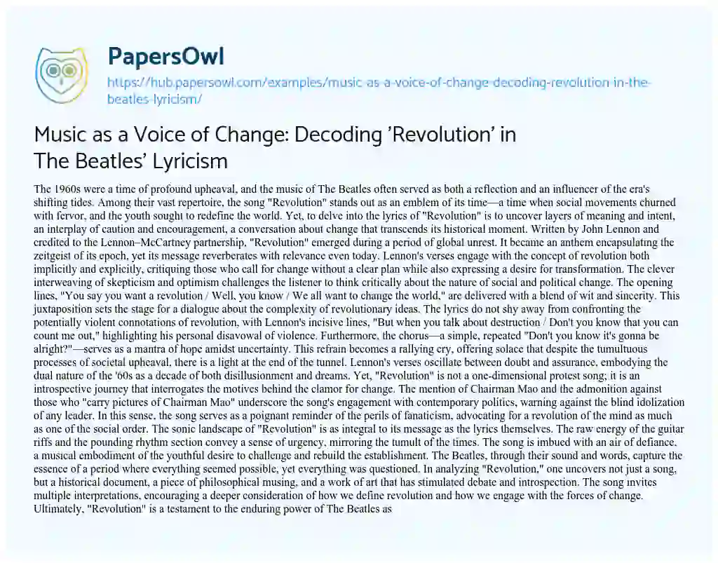 Essay on Music as a Voice of Change: Decoding ‘Revolution’ in The Beatles’ Lyricism
