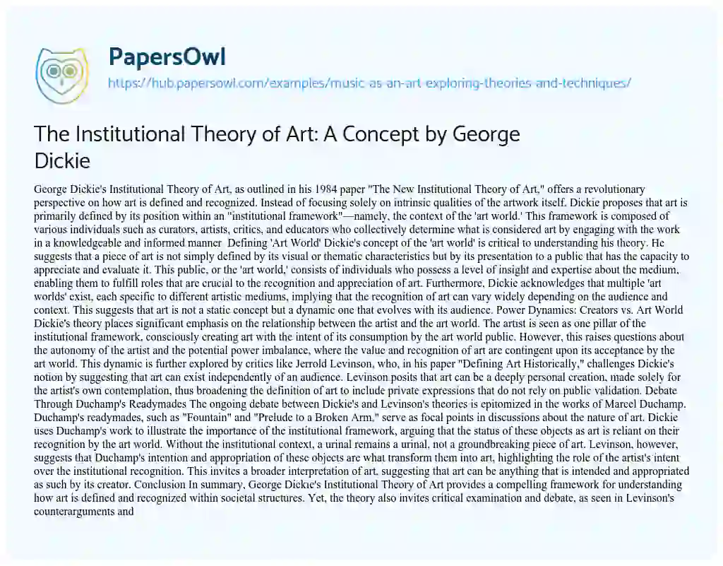 Essay on The Institutional Theory of Art: A Concept by George Dickie