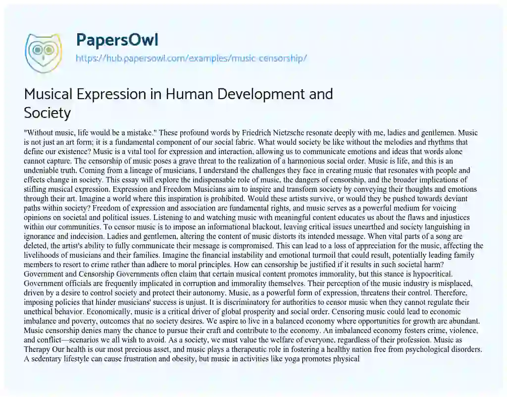 Essay on Musical Expression in Human Development and Society
