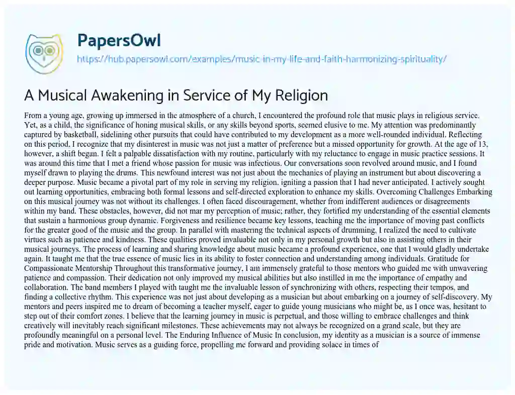 Essay on A Musical Awakening in Service of My Religion