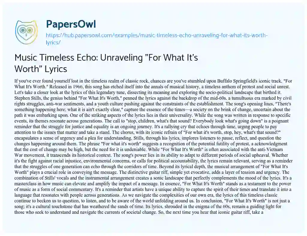 Essay on Music Timeless Echo: Unraveling “For What It’s Worth” Lyrics