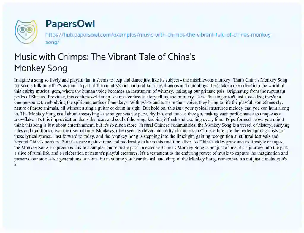 Essay on Music with Chimps: The Vibrant Tale of China’s Monkey Song