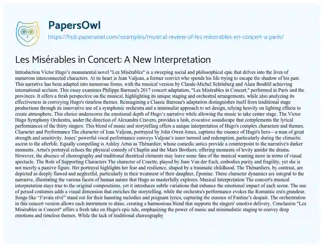 Essay on Les Misérables in Concert: A New Interpretation