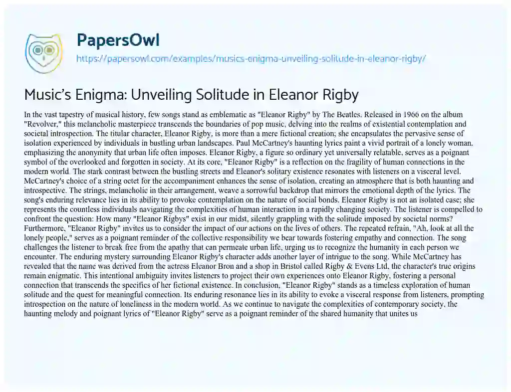 Essay on Music’s Enigma: Unveiling Solitude in Eleanor Rigby