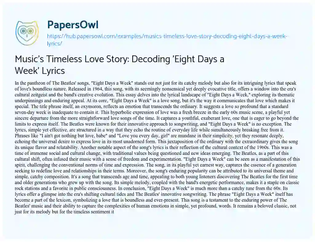 Essay on Music’s Timeless Love Story: Decoding ‘Eight Days a Week’ Lyrics