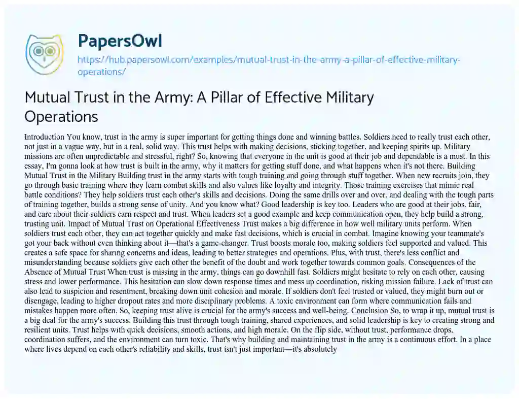 Essay on Mutual Trust in the Army: A Pillar of Effective Military Operations