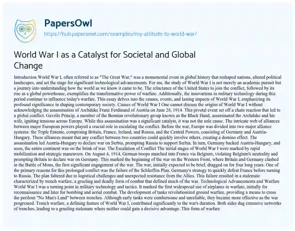 Essay on World War I as a Catalyst for Societal and Global Change