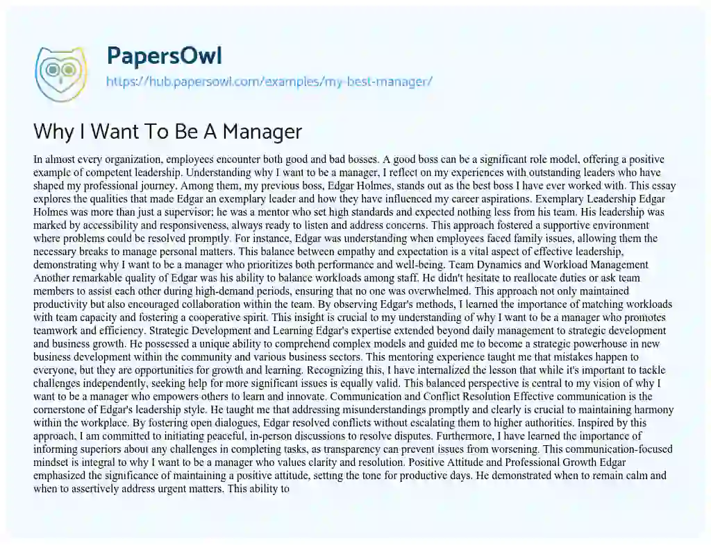Essay on Why I Want To Be A Manager