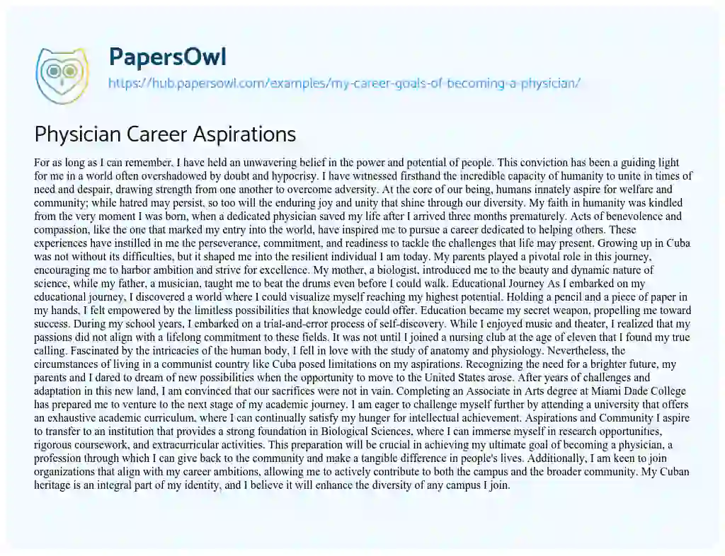 Essay on Physician Career Aspirations