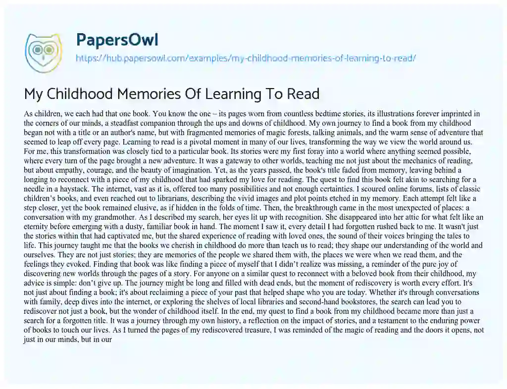 Essay on My Childhood Memories Of Learning To Read