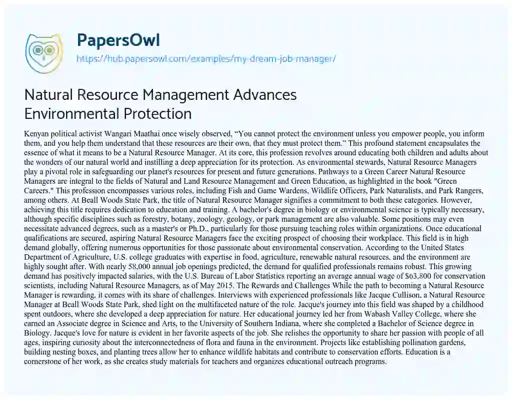 Essay on Natural Resource Management Advances Environmental Protection