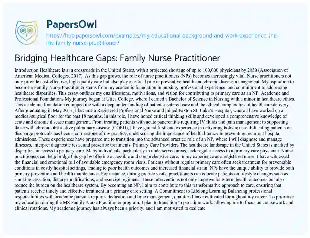 Essay on Bridging Healthcare Gaps: Family Nurse Practitioner