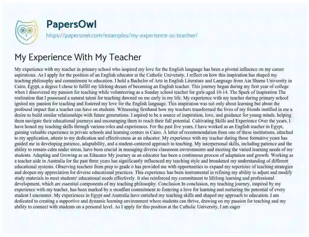 Essay on My Experience With My Teacher