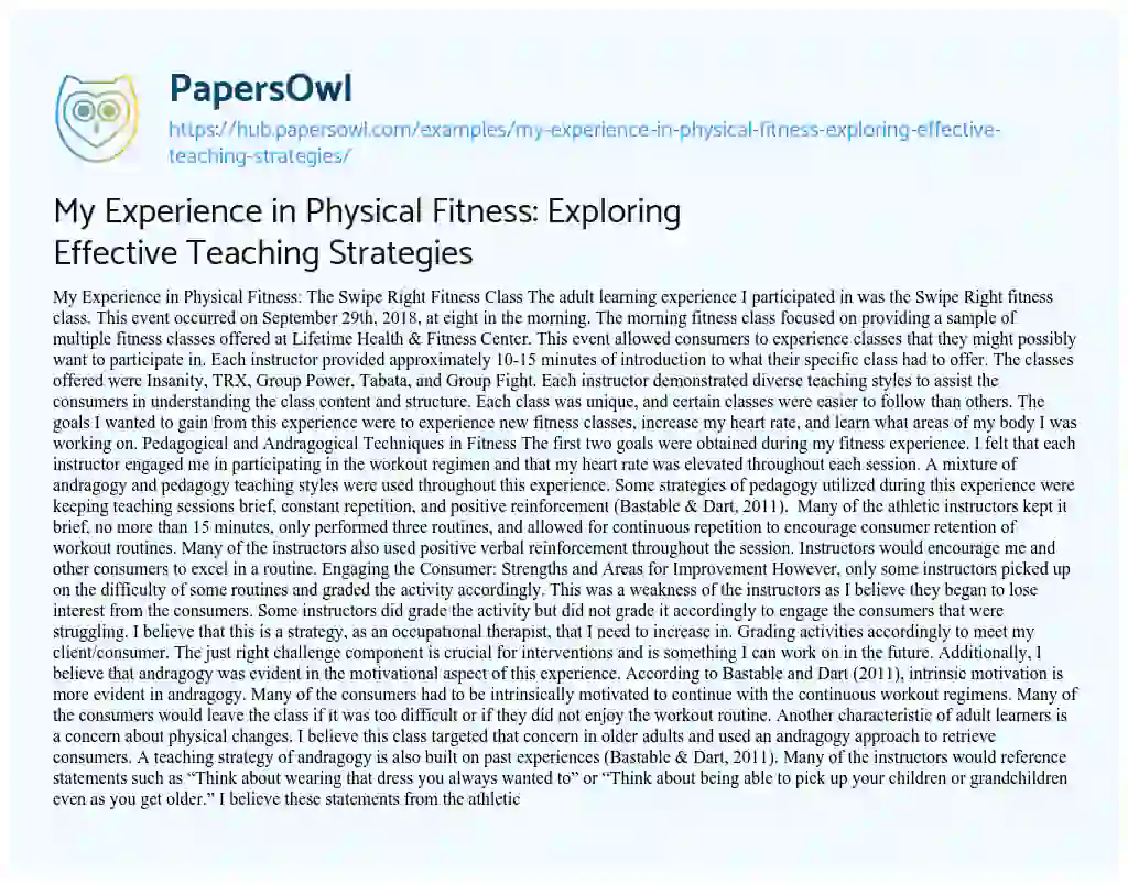 Essay on My Experience in Physical Fitness: Exploring Effective Teaching Strategies