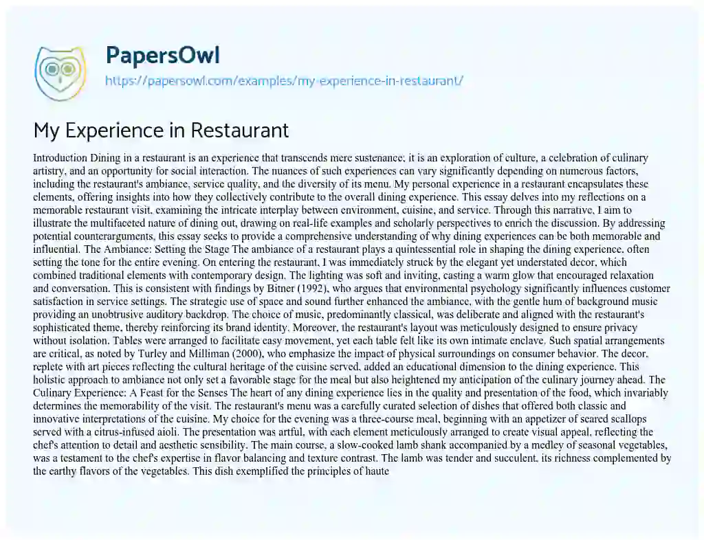 Essay on My Experience in Restaurant