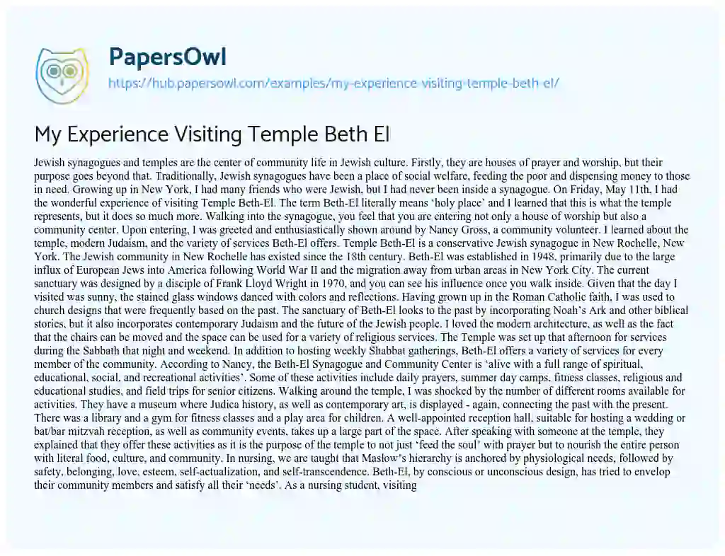 Essay on My Experience Visiting Temple Beth El