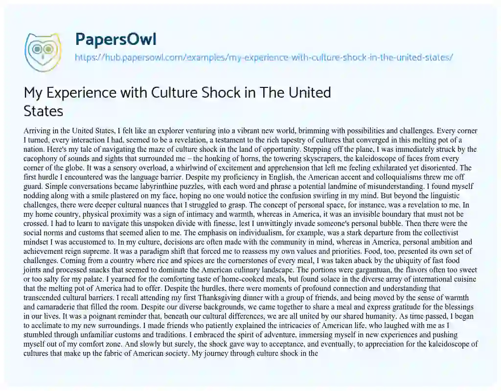 Essay on My Experience with Culture Shock in The United States
