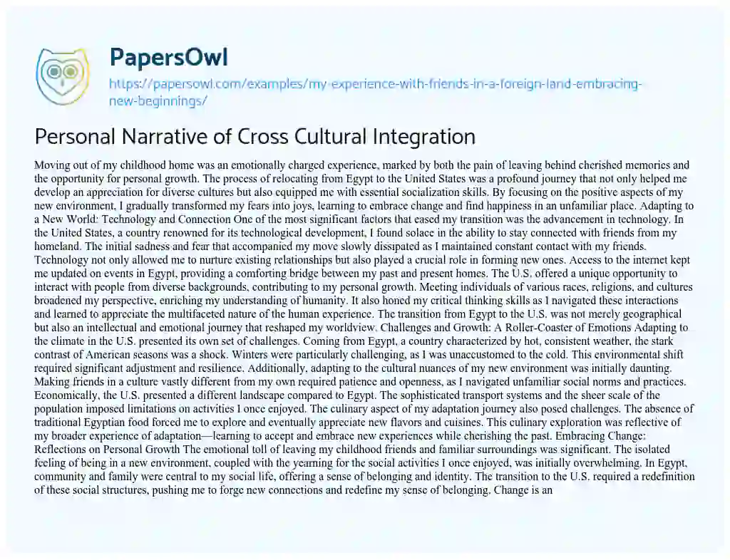 Essay on Personal Narrative of Cross Cultural Integration
