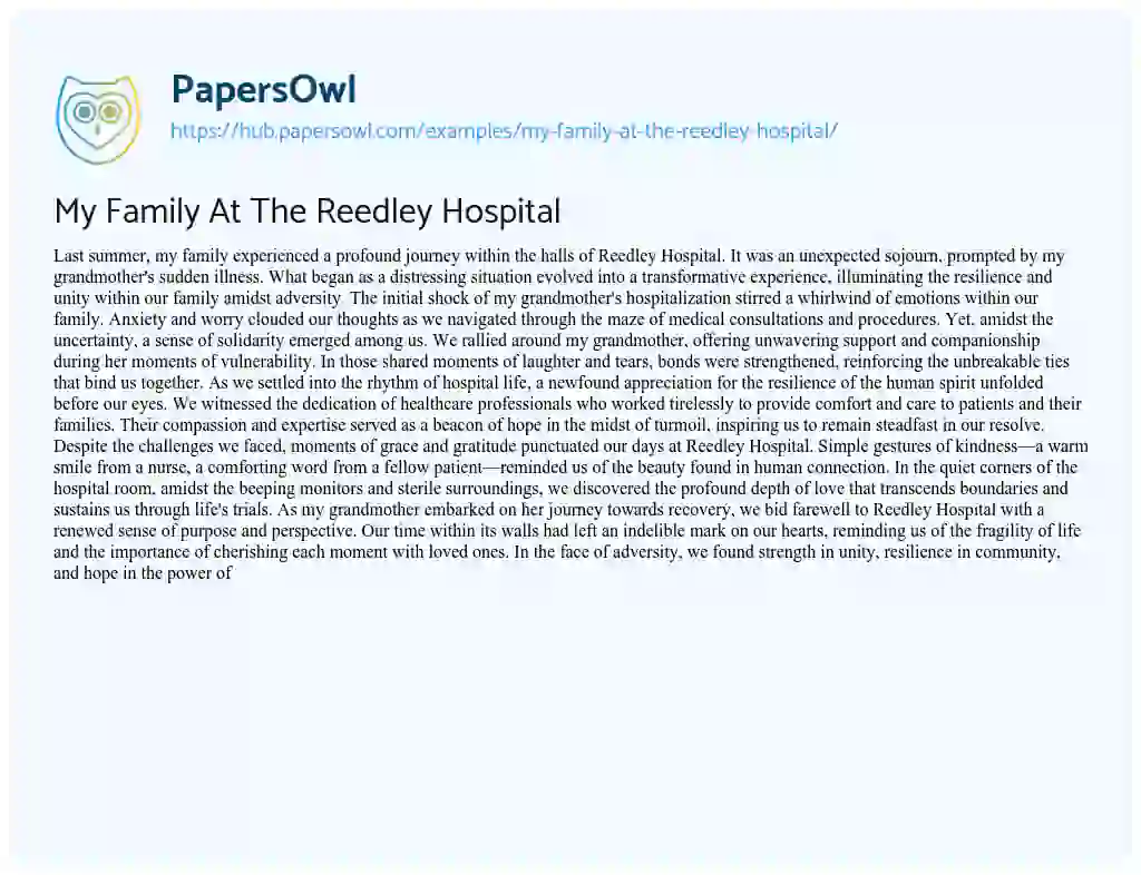 Essay on My Family At The Reedley Hospital