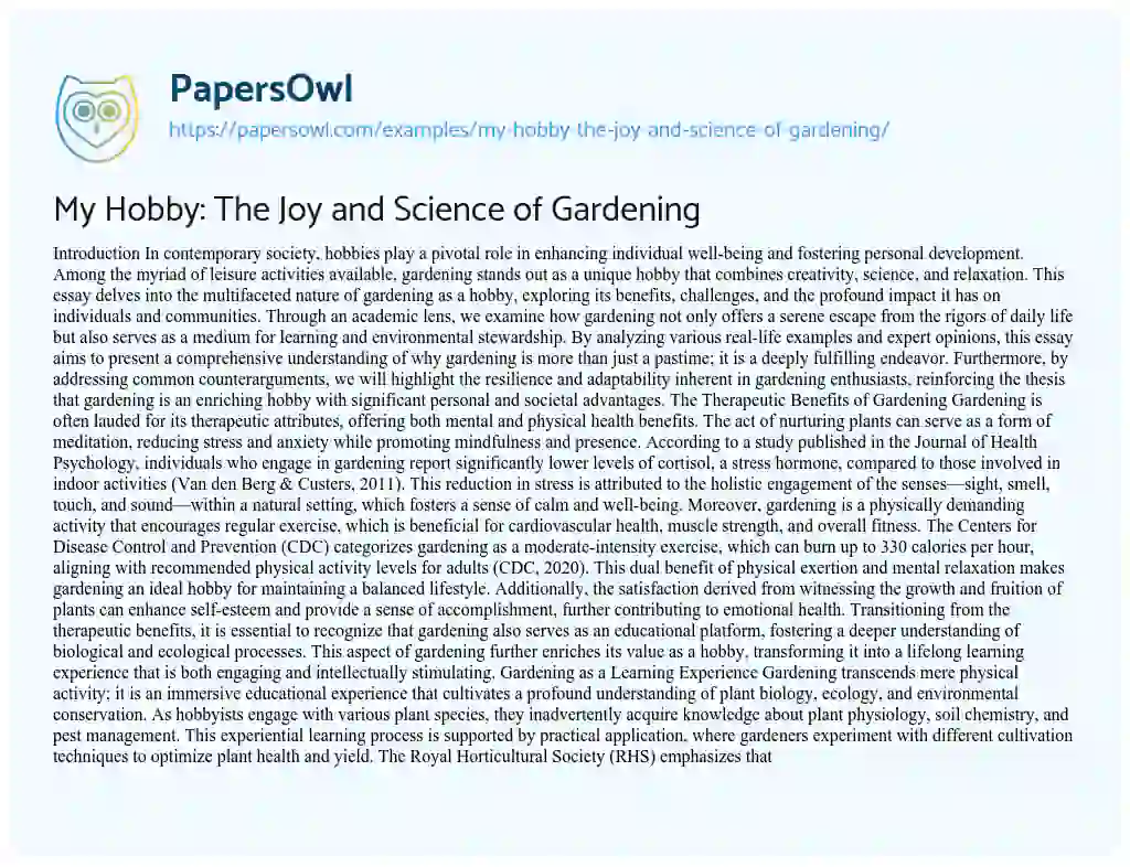 Essay on My Hobby: The Joy and Science of Gardening