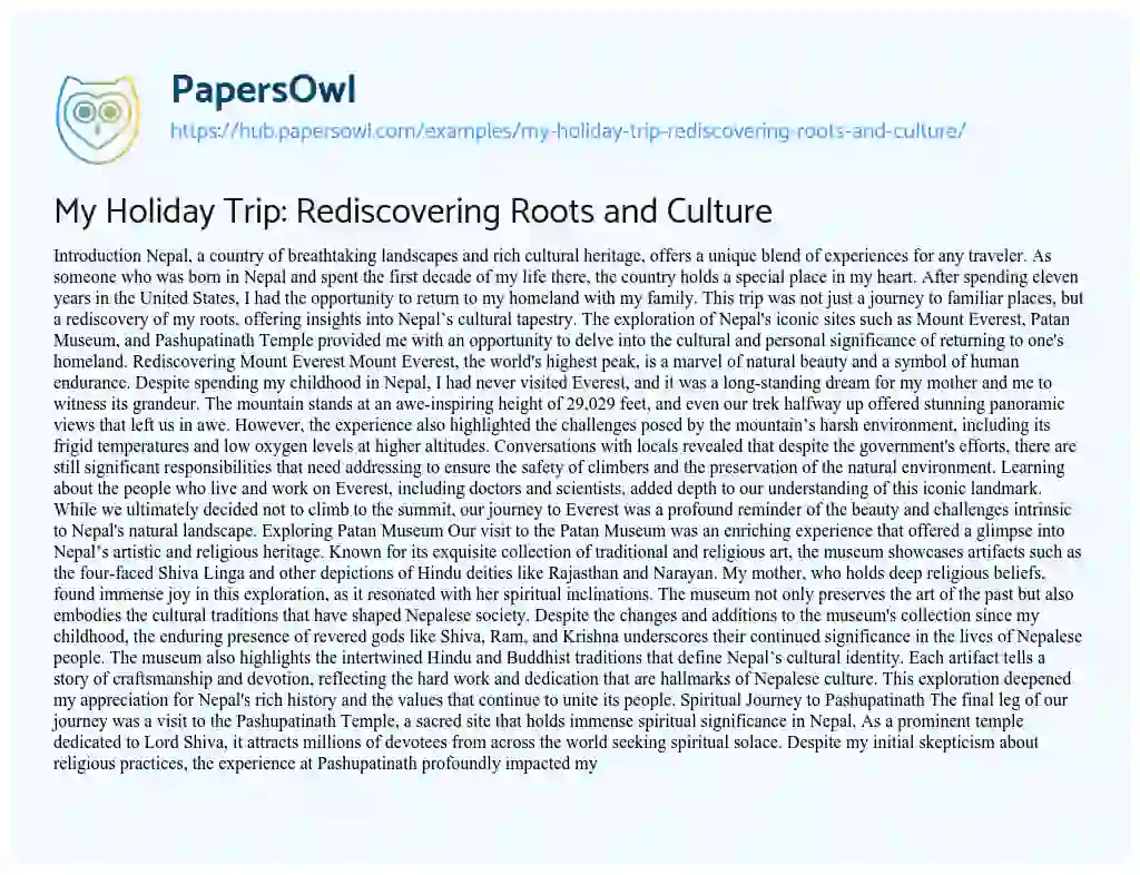 Essay on My Holiday Trip: Rediscovering Roots and Culture