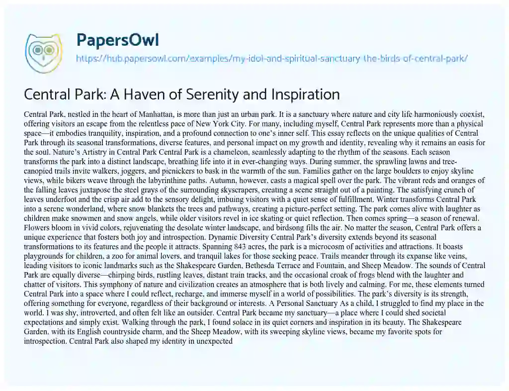 Essay on Central Park: A Haven of Serenity and Inspiration