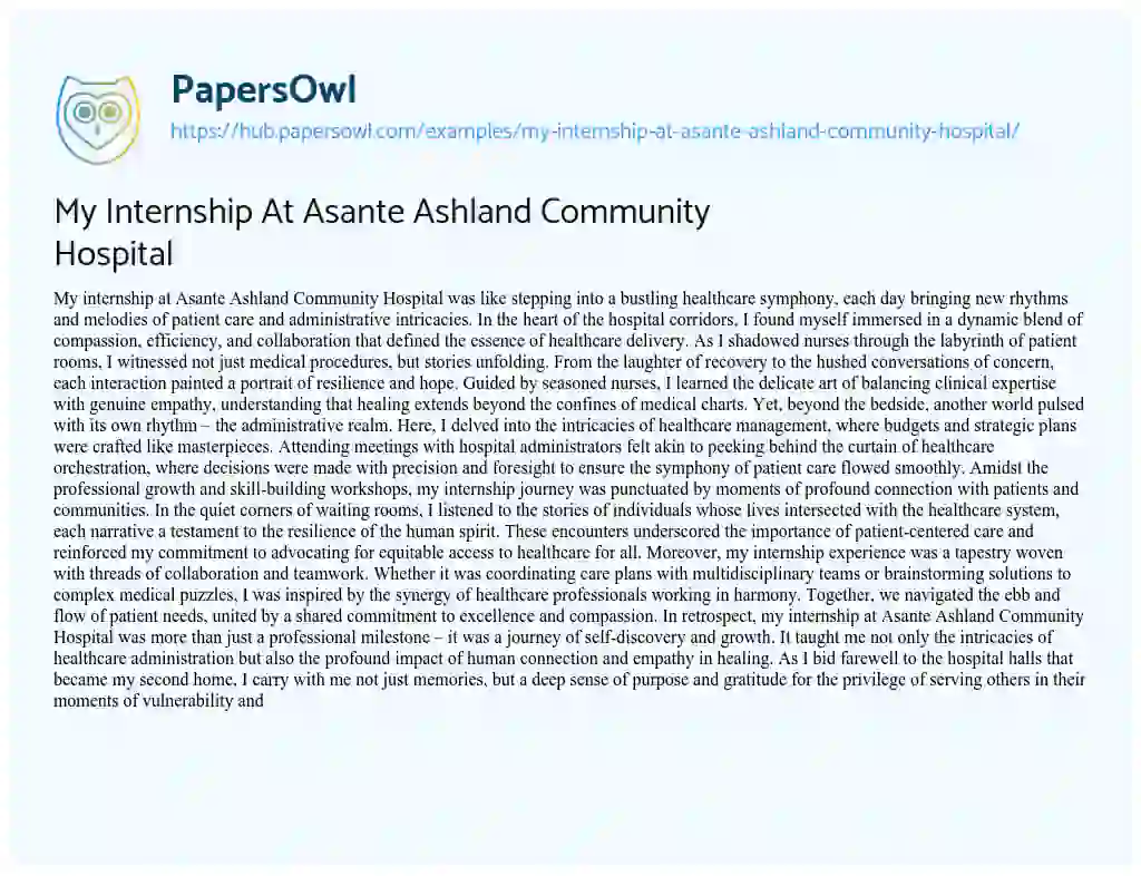 Essay on My Internship At Asante Ashland Community Hospital