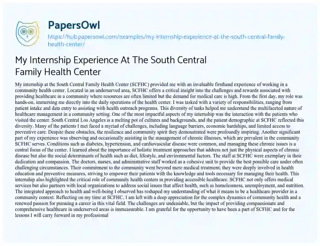Essay on My Internship Experience At The South Central Family Health Center