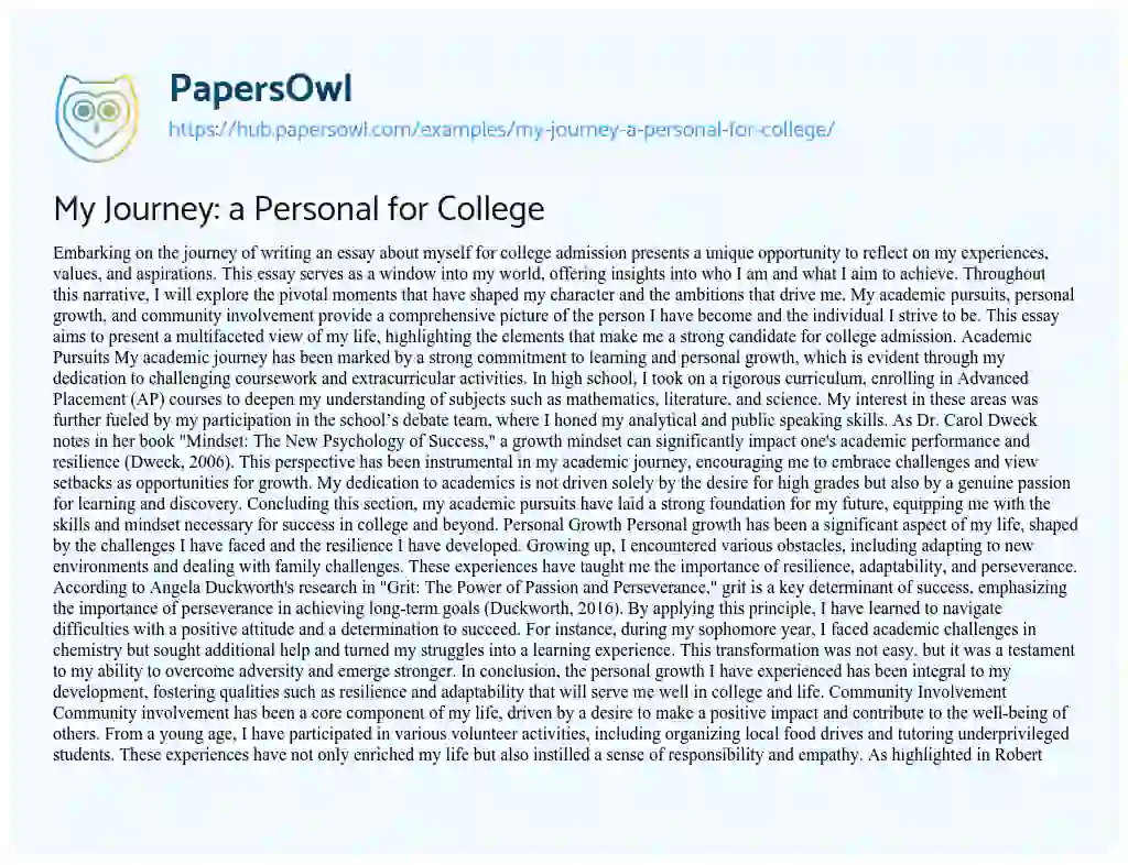 Essay on My Journey: a Personal for College